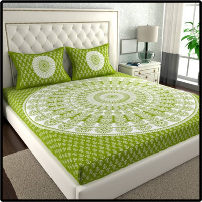 COZYKO 144 TC Cotton Double Jaipuri Prints Flat Bedsheet(Pack of 1, Green)