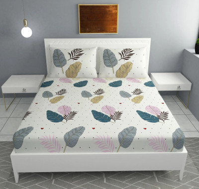 ABC Polycotton Double Fitted (Elastic) 280 TC Printed Bedsheet(Pack of 1, White Patta)