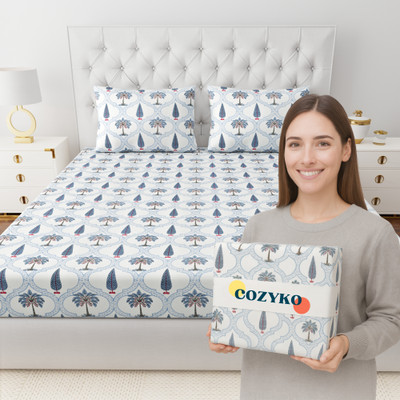 COZYKO 280 TC Cotton Super King Jaipuri Prints Flat Bedsheet(Pack of 1, Blue Tree)