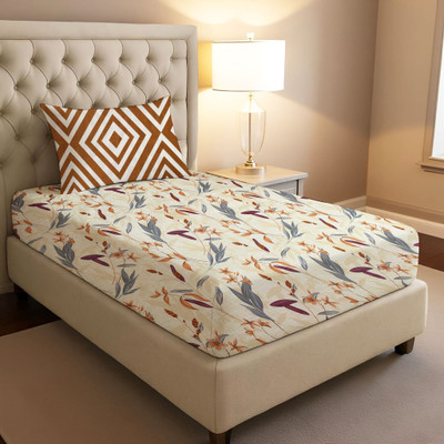 BharatLinen Cotton Single Flat 144 TC Jaipuri Prints Bedsheet(Pack of 1, Beige with Black Flower)