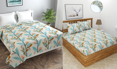 MORADO 210 TC Polycotton Double Floral Fitted (Elastic) Bedsheet(Pack of 2, Green)