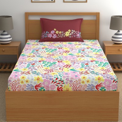 Home Ecstasy 140 TC Cotton Single Floral Fitted (Elastic) Bedsheet(Pack of 1, Red)
