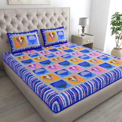 Cosito 144 TC Cotton Double Jaipuri Prints Flat Bedsheet(Pack of 1, Blue)