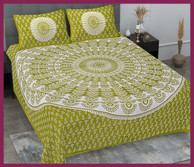 JAIPUR PRINTS Cotton Double Flat 210 TC Jaipuri Prints Bedsheet(Pack of 1, Green)