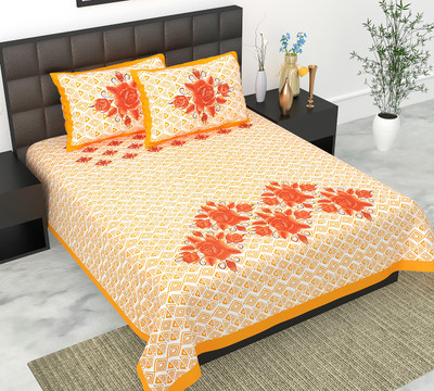 Indian Royal Fashion Cotton Double Flat 144 TC Jaipuri Prints Bedsheet(Pack of 1, Yellow)