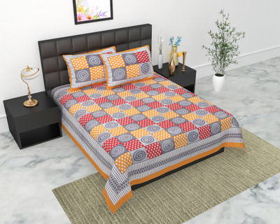 E ELMA Cotton Double Flat 144 TC Jaipuri Prints Bedsheet(Pack of 1, Brown)