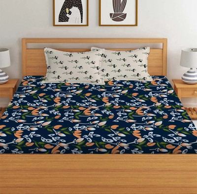 TINDLER KNOTS Cotton Double Fitted (Elastic) 250 TC Floral Bedsheet(Pack of 1, Blue)