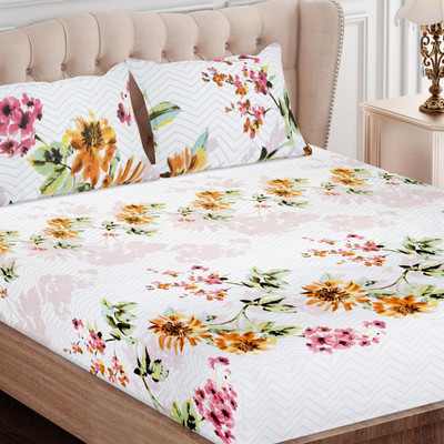 SEJ BY NISHA GUPTA 160 TC Cotton King Printed Flat Bedsheet(Pack of 1, White_Orange)Bedsheets Queen Size Double Bedsheet with 2 King Size Pillow Covers)
