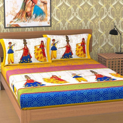 CLOTHOLOGY Cotton Double Flat 144 TC Jaipuri Prints Bedsheet(Pack of 1, Red, Blue, Yellow)