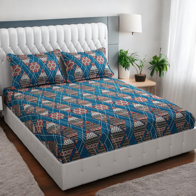 HOMYBEES 220 TC Cotton Double Abstract Fitted (Elastic) Bedsheet(Pack of 1, Multicolor, Blue, Red)