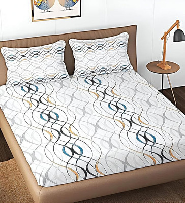 ARDM 210 TC Cotton Double Abstract Fitted (Elastic) Bedsheet(Pack of 1, White)
