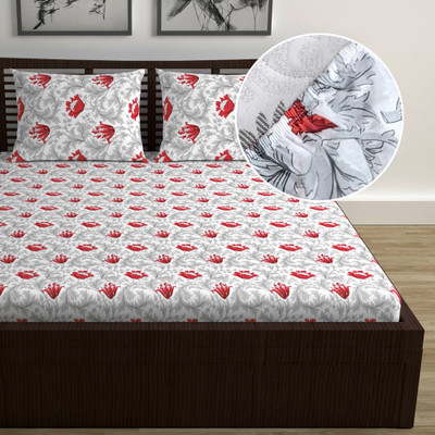 Divine Casa Cotton Double Fitted (Elastic) 144 TC Floral Bedsheet(Pack of 1, Red Mist)