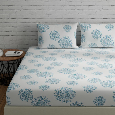 Huesland Cotton Double Flat 144 TC Geometric Bedsheet(Pack of 1, White (Blue Print))