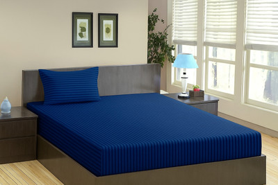 Impeccable Home Satin Single Flat 220 TC Striped Bedsheet(Pack of 1, Navy Blue)