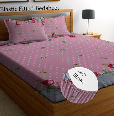 Amrange 210 TC Microfiber King Floral Fitted (Elastic) Bedsheet(Pack of 1, Pink)