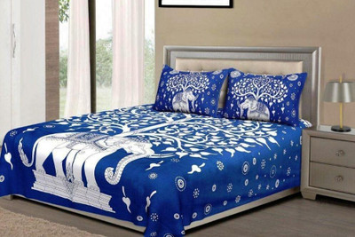 IkBedsheets Cotton Queen Flat 165 TC Printed Bedsheet(Pack of 1, Blue)