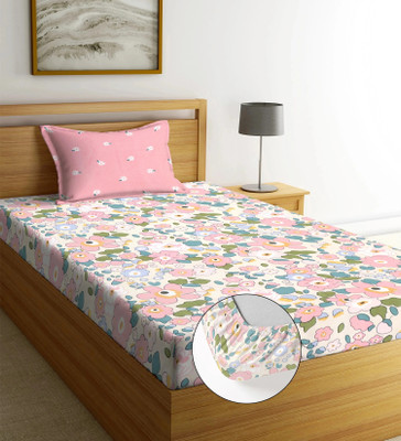 Moonroof Cotton Single Fitted (Elastic) 240 TC Printed Bedsheet(Pack of 1, Multicolor, Pink)