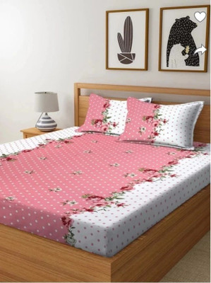 ABC Cotton Double Fitted (Elastic) 240 TC Floral Bedsheet(Pack of 1, Pink)