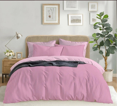 eleganzze Cotton Double Flat 300 TC Striped Bedsheet(Pack of 1, BABY PINK)