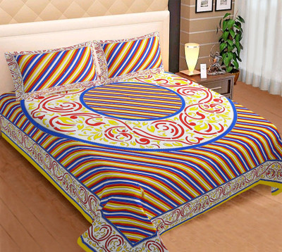 KANDY SHOP Cotton King Flat 220 TC Jaipuri Prints Bedsheet(Pack of 1, Yellow)