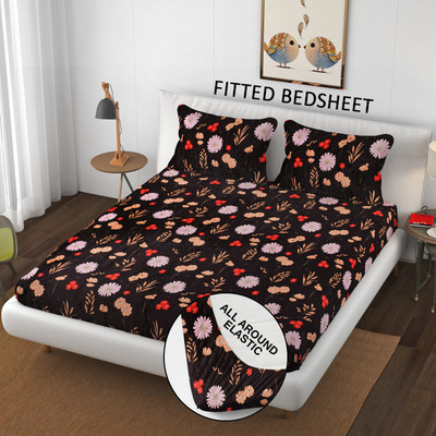 SCHp Woolen, Velvet Double Fitted (Elastic) 240 TC Printed Bedsheet(Pack of 1, B_48)