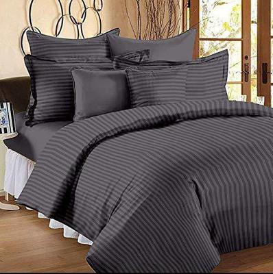 MAYSHA CREATIONS Cotton Queen Fitted (Elastic) 210 TC Striped Bedsheet(Pack of 1, Dark Grey)