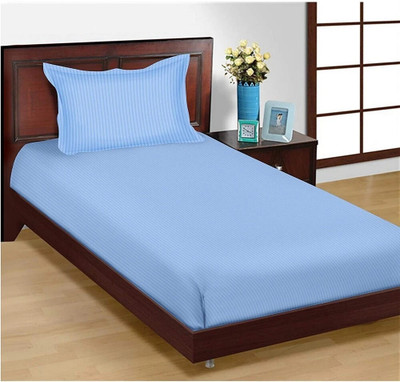 Impeccable Home 220 TC Satin Single Striped Flat Bedsheet(Pack of 1, Light Blue)