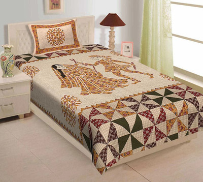Rajasthani Traditional Cotton Single Flat 300 TC Jaipuri Prints Bedsheet(Pack of 1, Orange)