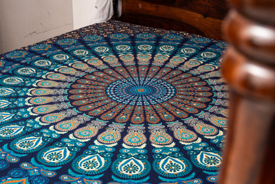 Fashion Heavenn Cotton Queen Flat 180 TC Printed Bedsheet(Pack of 1, Navy blue base with multicolor accents in teal, turquoise, and orange)