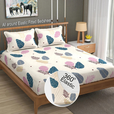 LA VERNE Cotton Double Fitted (Elastic) 144 TC Jaipuri Prints Bedsheet(Pack of 1, Beige)