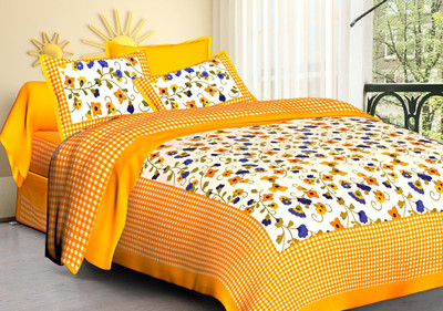 Leo Creation 144 TC Cotton Double Jaipuri Prints Flat Bedsheet(Pack of 1, Yellow)