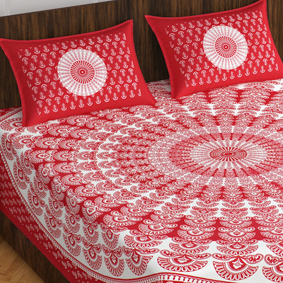 Leo Creation 144 TC Cotton Double Jaipuri Prints Flat Bedsheet(Pack of 1, Red, White)