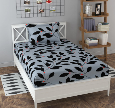 BeddingZone 144 TC Cotton Single Geometric Flat Bedsheet(Pack of 1, grey black patti)
