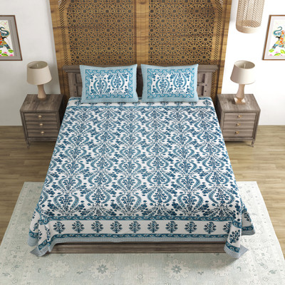 Blocks Of India Cotton Double Flat 140 TC Printed Bedsheet(Pack of 1, Light Blue)