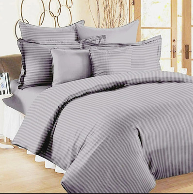 KM HANDLOOM 240 TC Cotton King Striped Flat Bedsheet(Pack of 1, Grey)