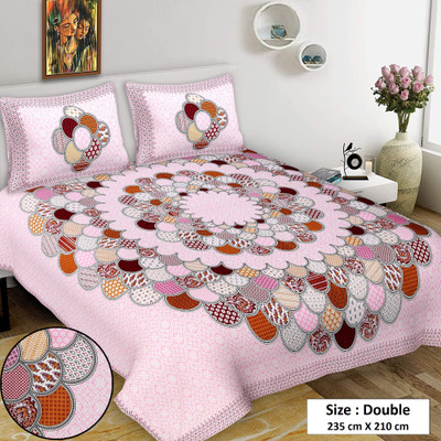 VNV Creation Cotton Double Flat 144 TC Jaipuri Prints Bedsheet(Pack of 1, Pink)