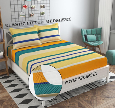 Goodrik Microfiber Double Fitted (Elastic) 210 TC Floral Bedsheet(Pack of 1, Yellow Green)