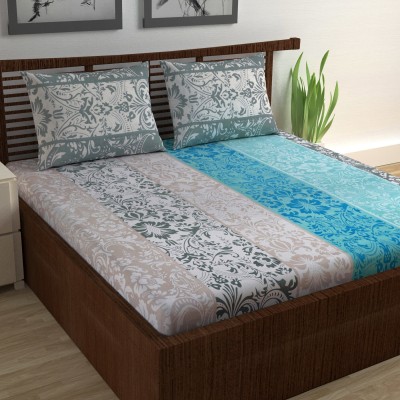 Divine Casa 144 TC Cotton Double Floral Flat Bedsheet(Pack of 1, Blue & Grey)