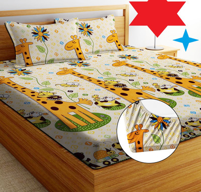 EXFAB 244 TC Cotton King Printed Fitted (Elastic) Bedsheet(Pack of 1, Orange)