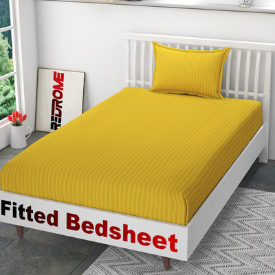 REDROME Cotton Single Fitted (Elastic) 300 TC Striped Bedsheet(Pack of 1, Yellow)