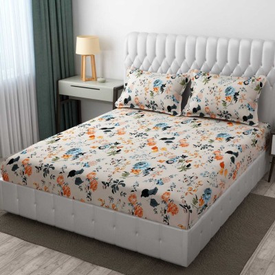 TINDLER KNOTS 300 TC Cotton King Printed Fitted (Elastic) Bedsheet(Pack of 1, Cream Floral)