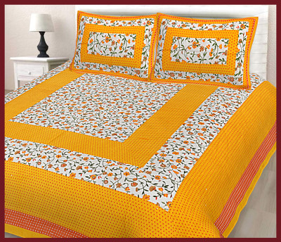 JAIPUR PRINTS Cotton Double Flat 144 TC Jaipuri Prints Bedsheet(Pack of 1, Yellow)