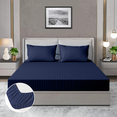 Acesquare Cotton King Fitted (Elastic) 210 TC Striped Bedsheet(Pack of 1, Navy Blue)