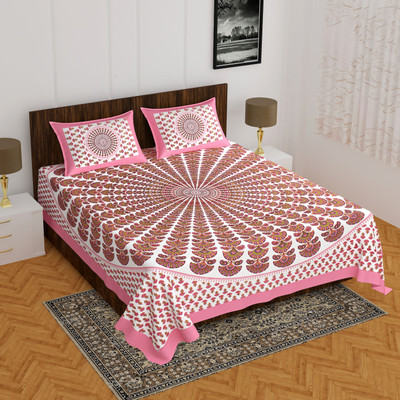 sr enterprises Cotton Double Flat 144 TC Jaipuri Prints Bedsheet(Pack of 1, Pink)