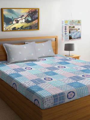 Fabinaliv 300 TC Cotton Blend Super King Geometric Fitted (Elastic) Bedsheet(Pack of 1, Sky Blue)
