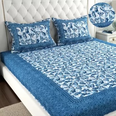 Ubania Collection 144 TC Cotton Double Jaipuri Prints Flat Bedsheet(Pack of 1, Blue)