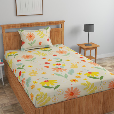 Luxury Trends Cotton Single Fitted (Elastic) 150 TC Printed Bedsheet(Pack of 1, Peach)