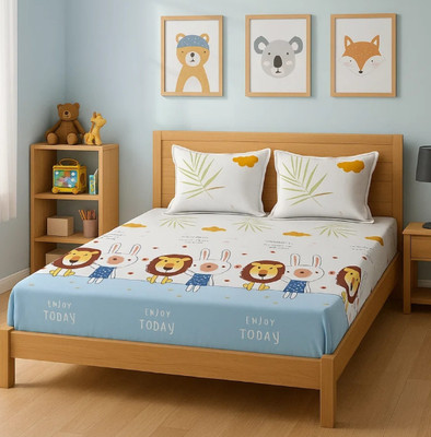Famyo Cotton King Fitted (Elastic) 300 TC Cartoon Bedsheet(Pack of 1, Blue & White)