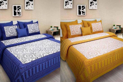 PALANG SHOBHA Cotton Double Flat 240 TC Jaipuri Prints Bedsheet(Pack of 2, Dark Blue, Yellow)