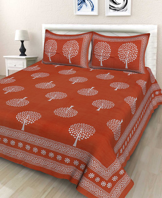 RAJDEVI JAIPUR PRINTS 144 TC Cotton Double Printed Flat Bedsheet(Pack of 1, Orange)